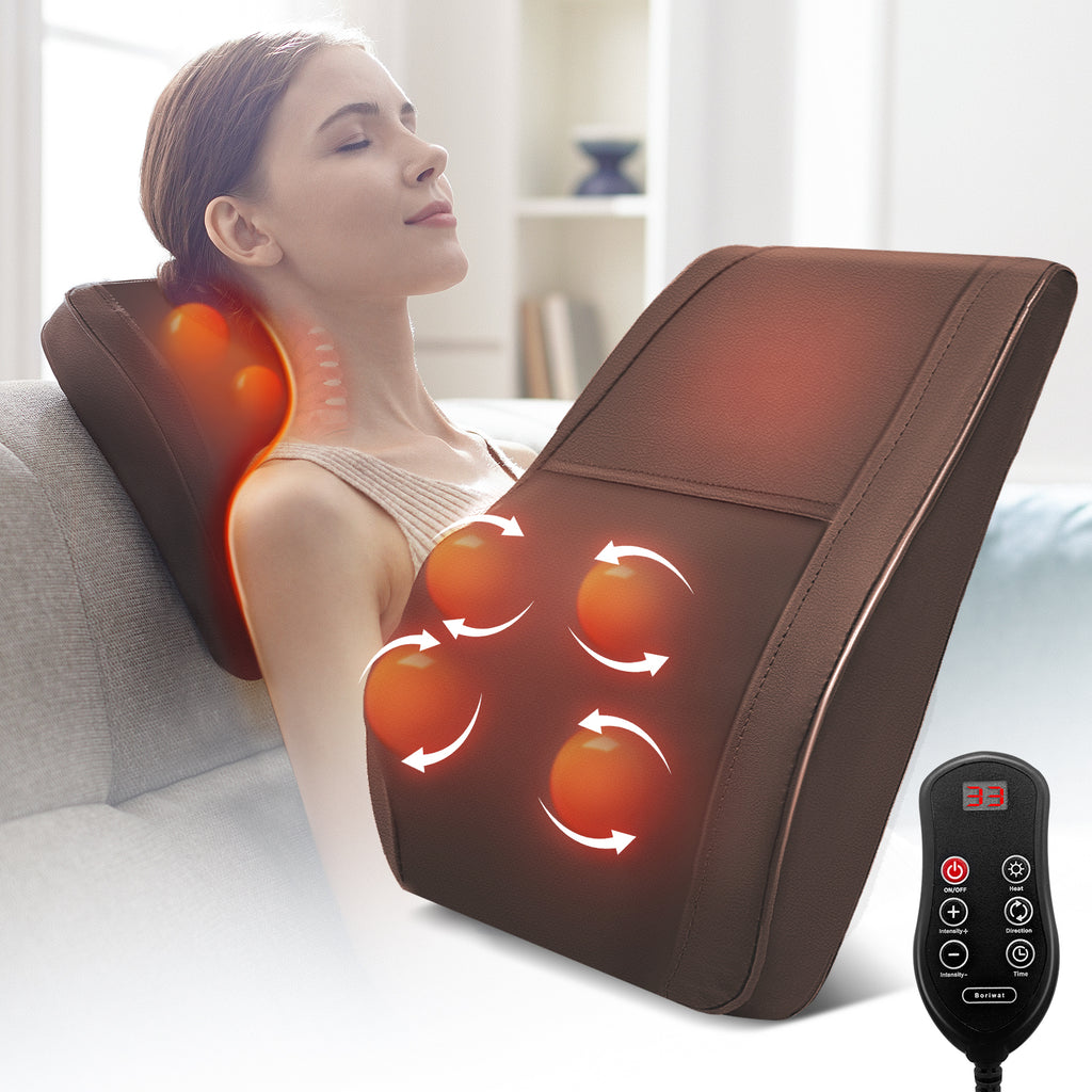 Neck & Back Massager with Heat — Shiatsu Deep-Kneading Massage Pillow, Brown— Gift for Women & Men