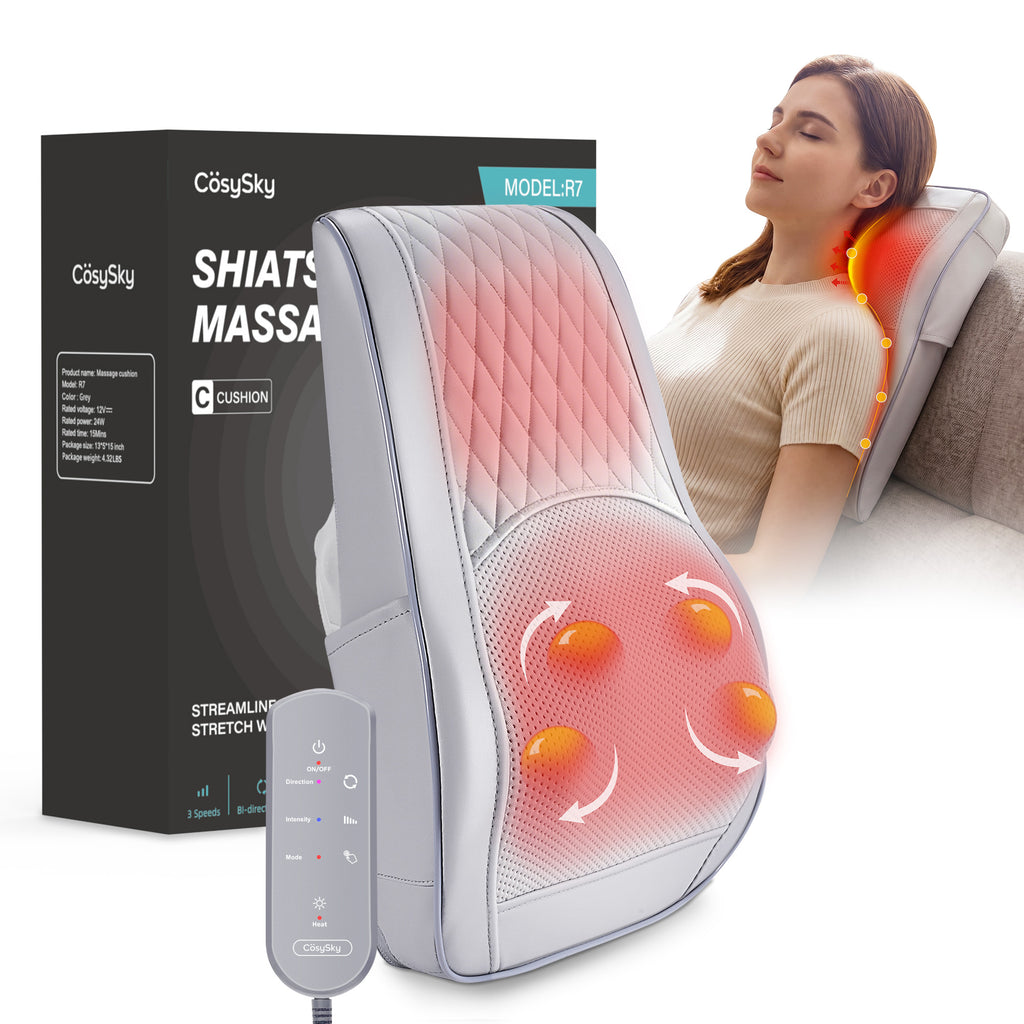 COSYSKY Neck and Back Massager with Heat — 3D Deep-Kneading Shiatsu Pillow, Gray— Gift for Mom & Dad