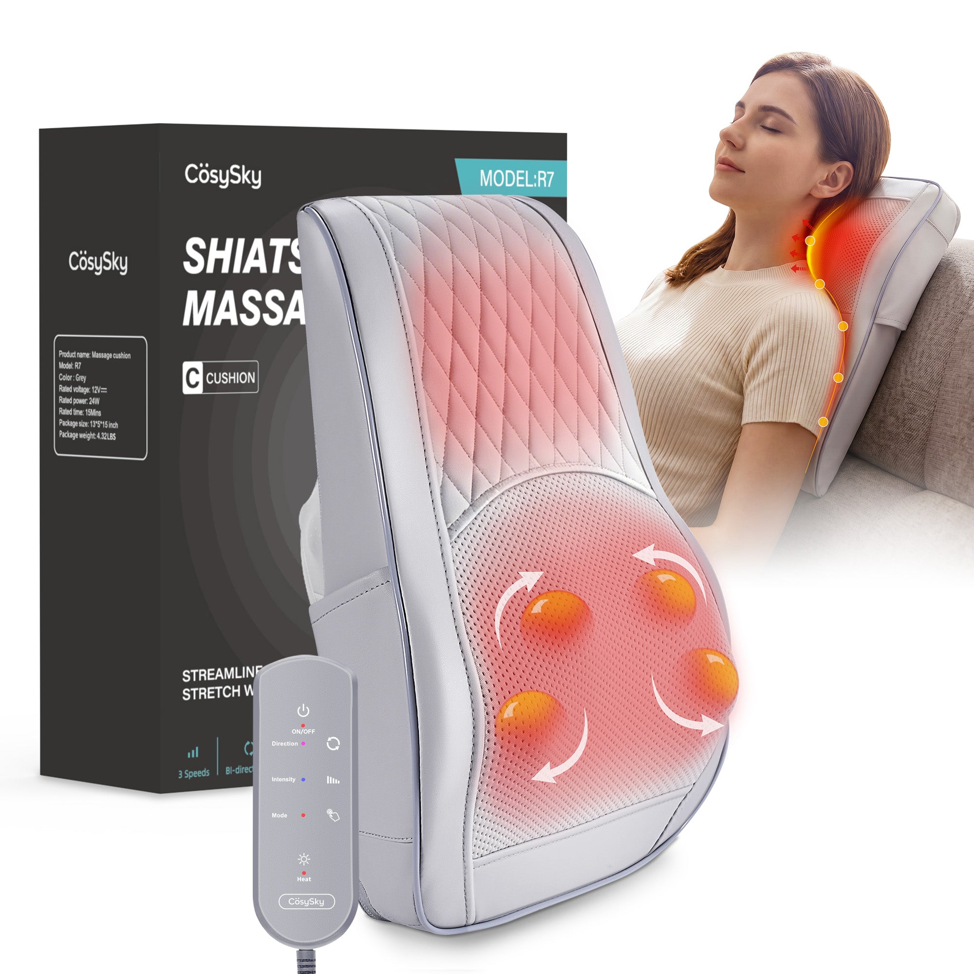 COSYSKY Neck and Back Massager with Heat — 3D Deep-Kneading Shiatsu Pillow, Gray— Gift for Mom & Dad