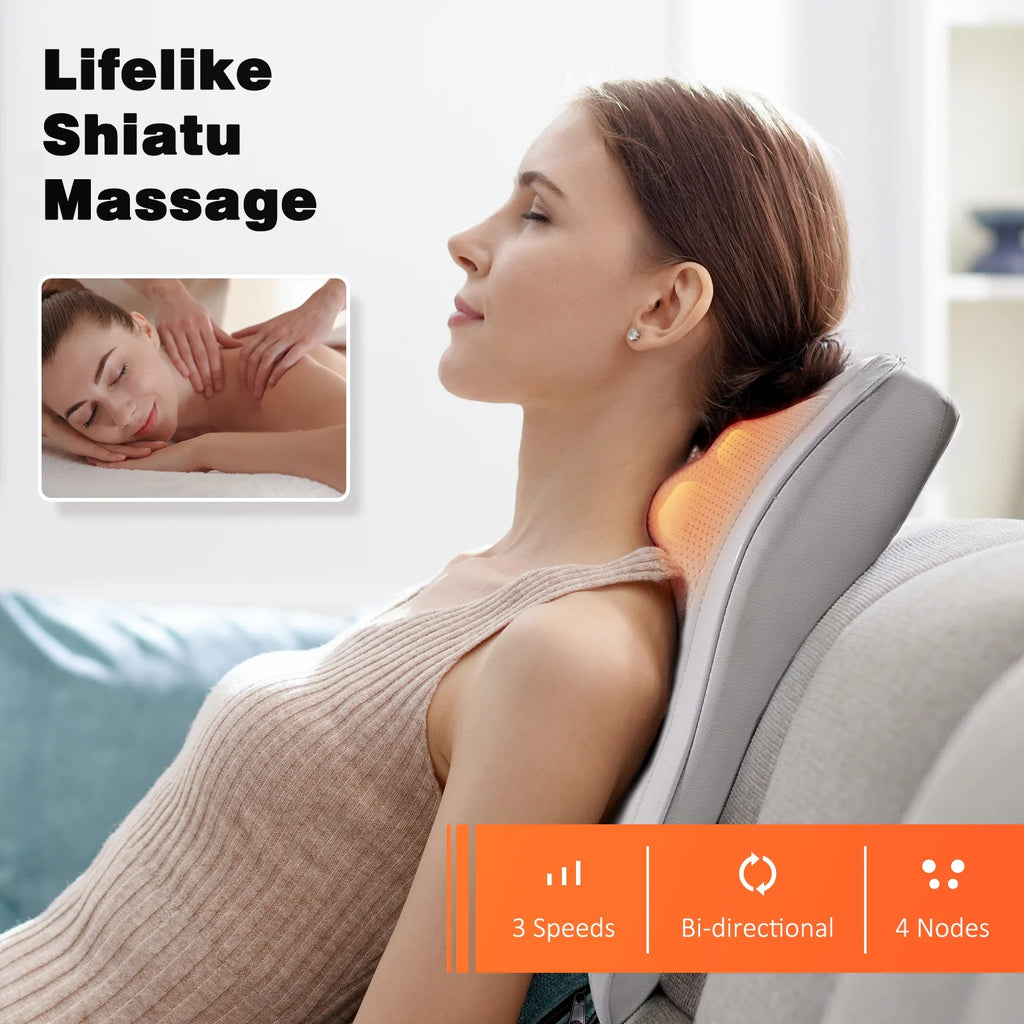 Neck & Back Massager with Heat — 3D Deep-Kneading Shiatsu Pillow, Gray— Gift for Mom & Dad