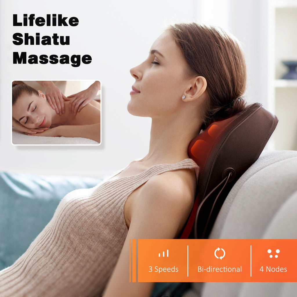 Neck & Back Massager with Heat — Shiatsu Deep-Kneading Massage Pillow, Brown— Gift for Women & Men