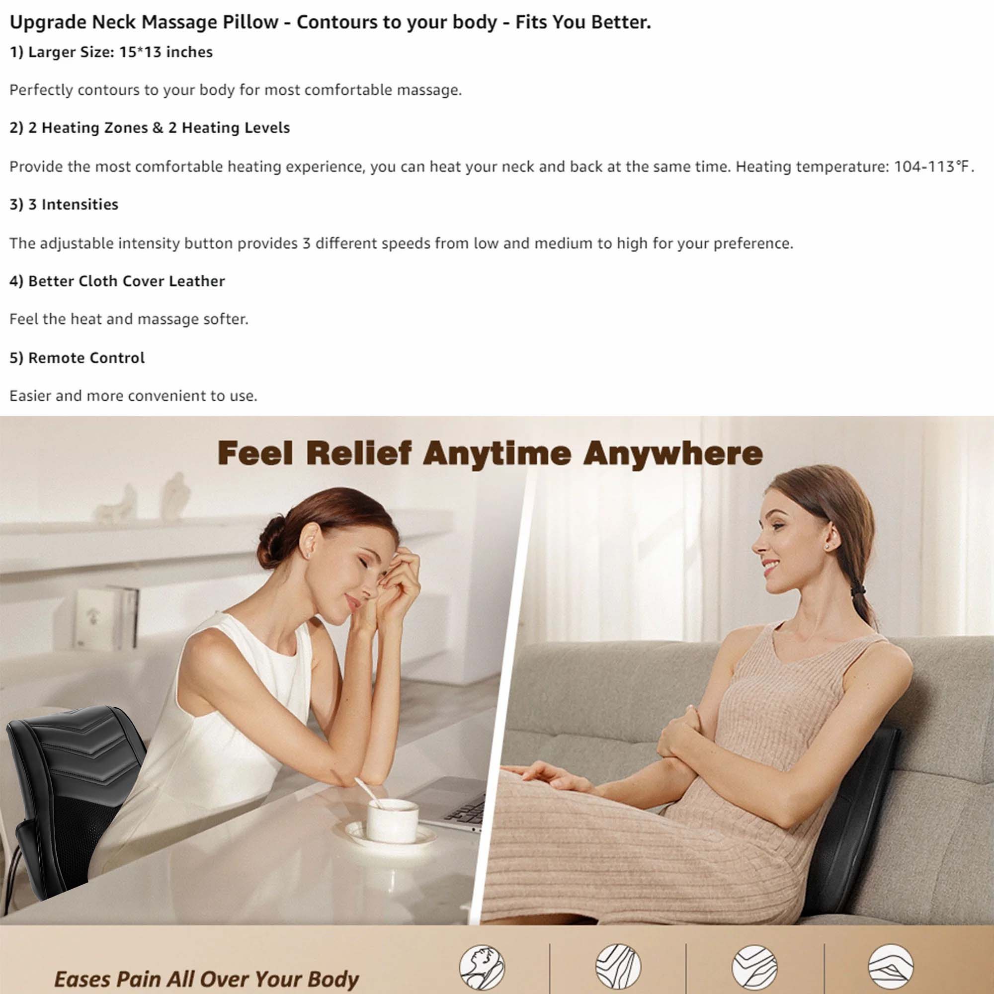 Neck & Back Massager with Heat — 3D Deep-Kneading Shiatsu Pillow, Black — Home Use & Gift for Mom & Dad