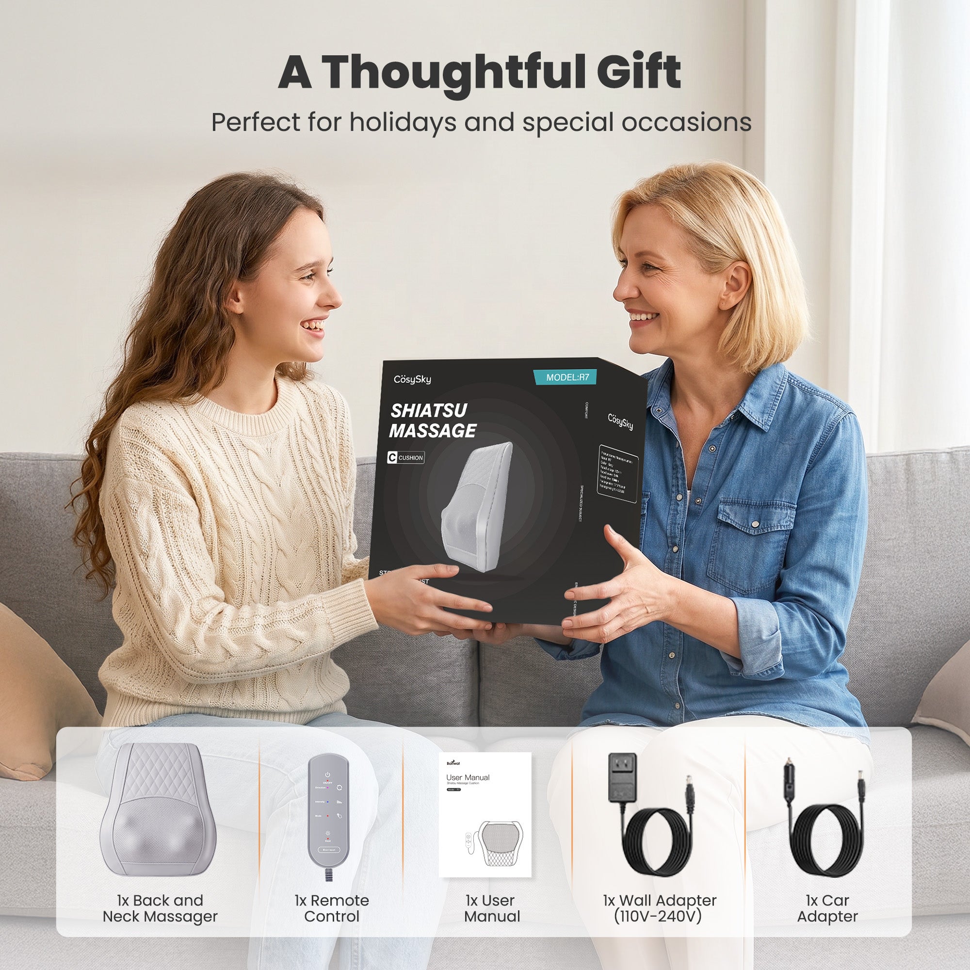 COSYSKY Neck and Back Massager with Heat — 3D Deep-Kneading Shiatsu Pillow, Gray— Gift for Mom & Dad
