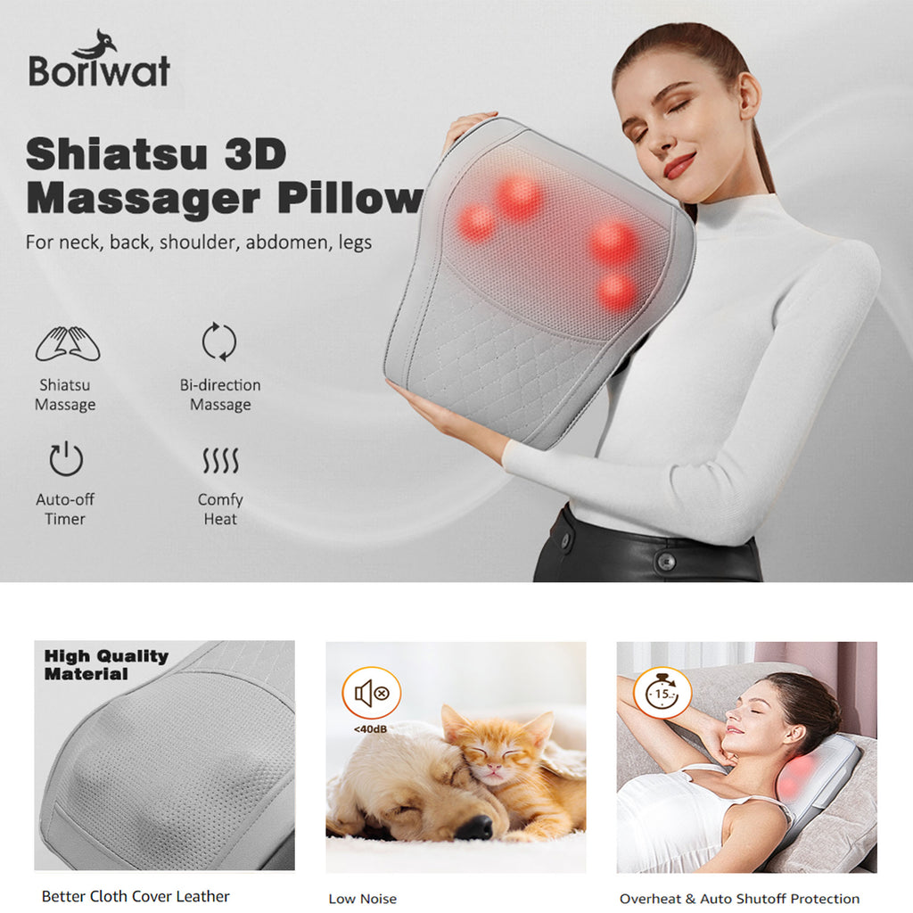 Neck & Back Massager with Heat — 3D Deep-Kneading Shiatsu Pillow, Gray— Gift for Mom & Dad
