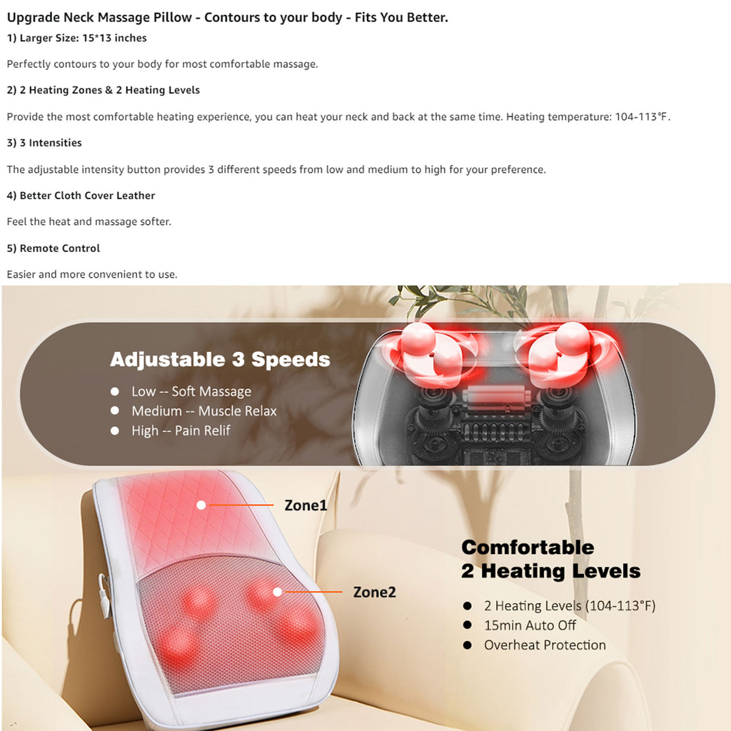 Neck & Back Massager with Heat — 3D Deep-Kneading Shiatsu Pillow, Gray— Gift for Mom & Dad