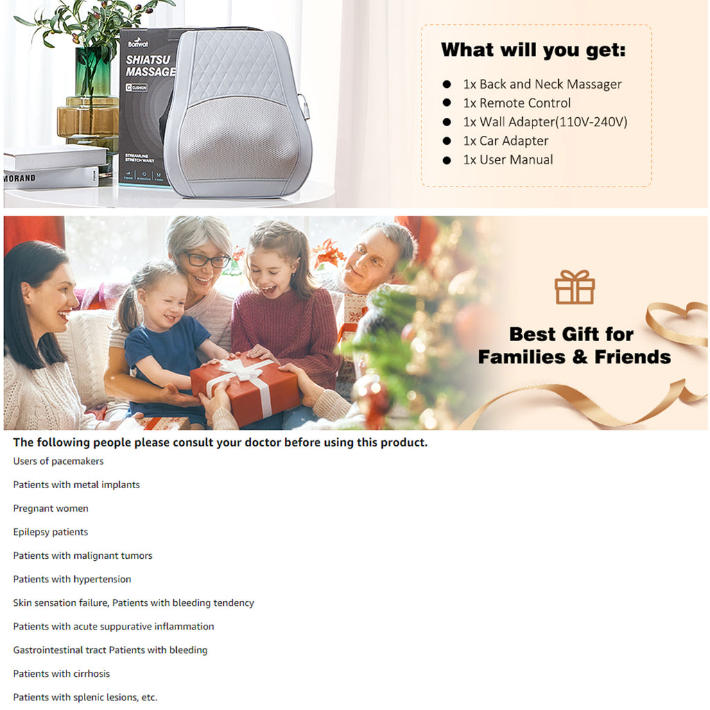 Neck & Back Massager with Heat — 3D Deep-Kneading Shiatsu Pillow, Gray— Gift for Mom & Dad