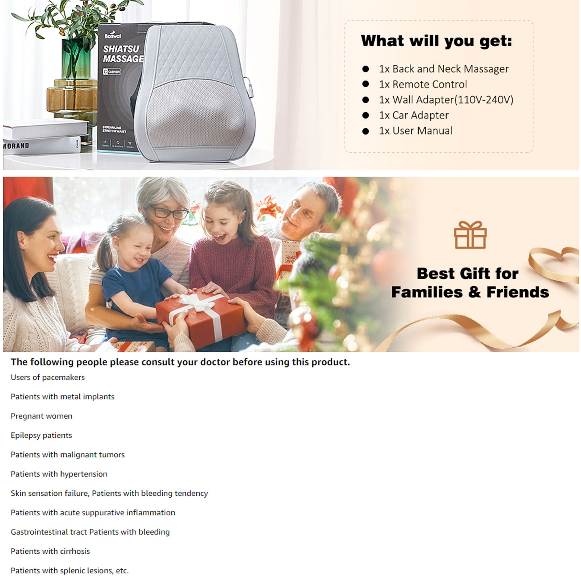 Neck & Back Massager with Heat — 3D Deep-Kneading Shiatsu Pillow, Gray— Gift for Mom & Dad