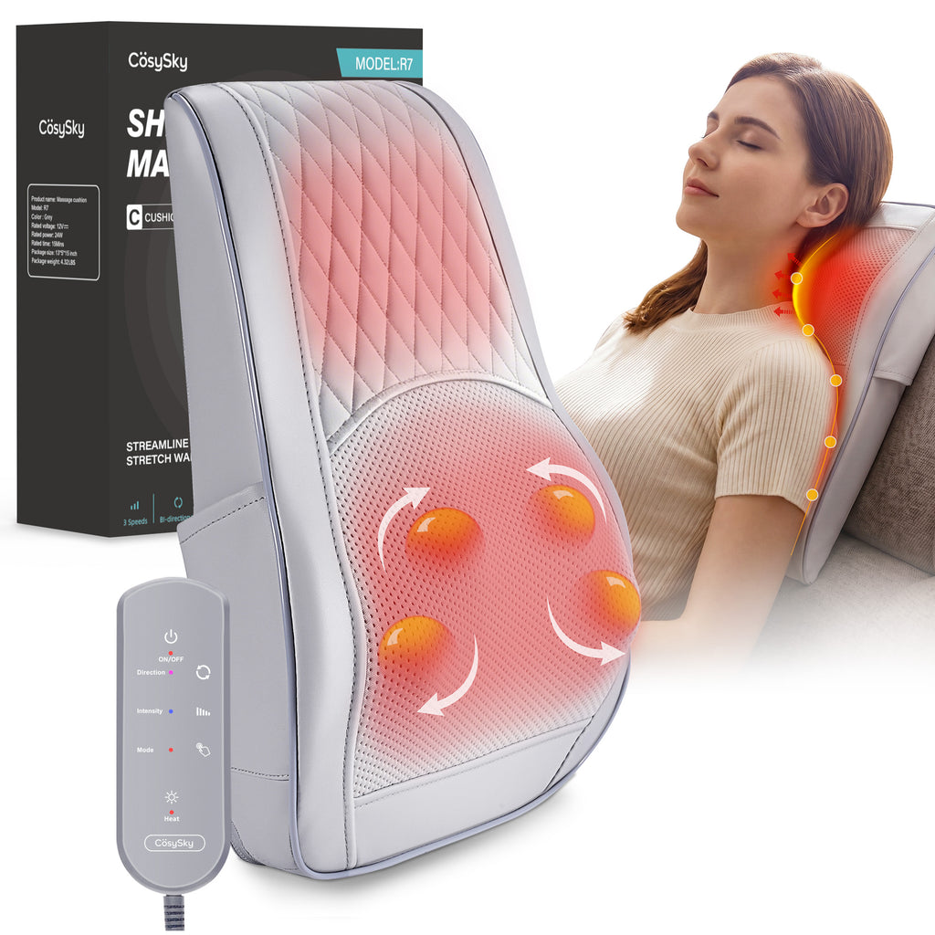 COSYSKY Neck and Back Massager with Heat — 3D Deep-Kneading Shiatsu Pillow, Gray— Gift for Mom & Dad